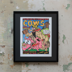 Cows poster on grungy garage wall