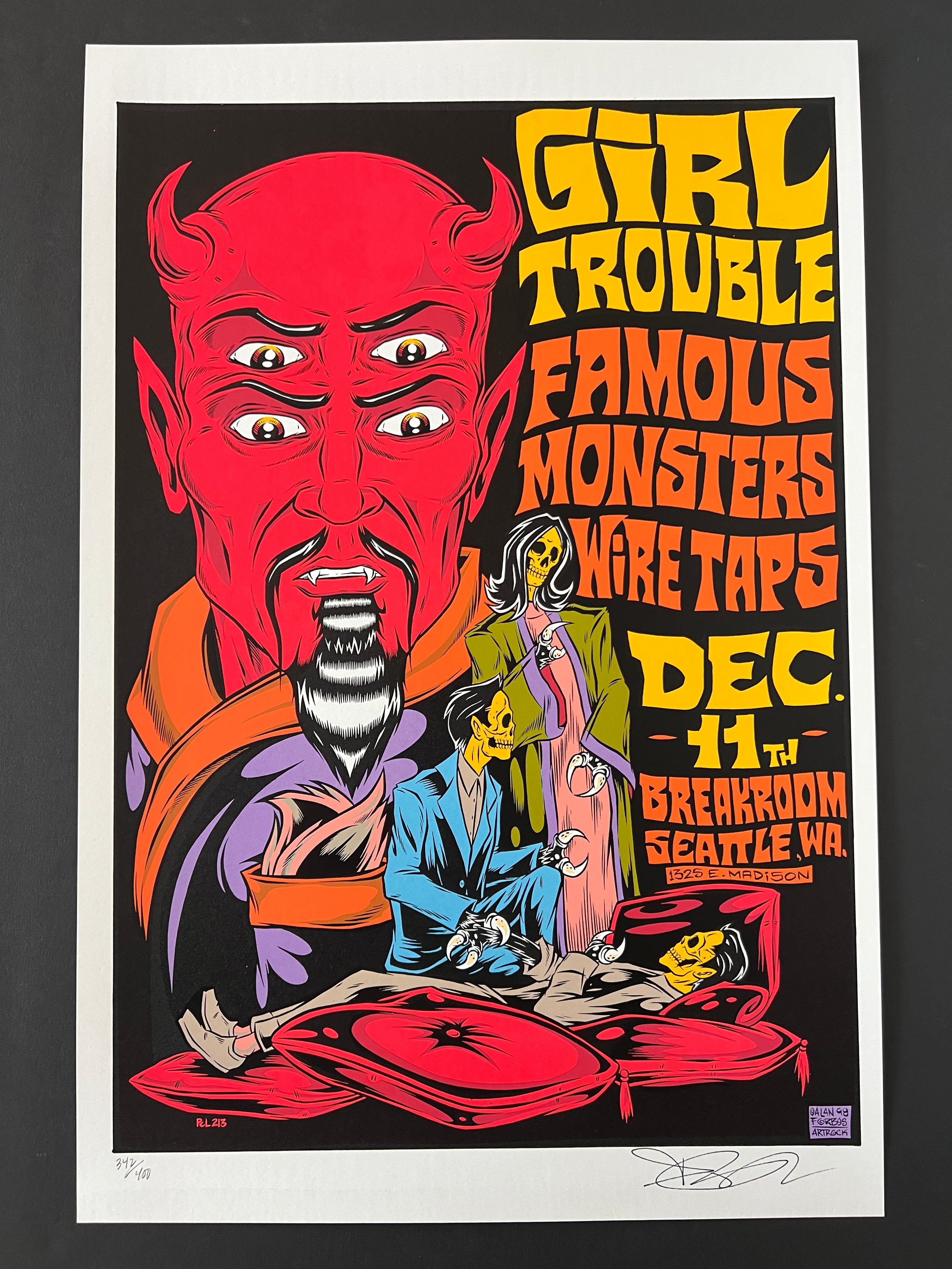 Girl Trouble /  Famous Monsters /  Wire Taps — Seattle — Alan Forbes, Signed & Numbered Screenprint (1998)