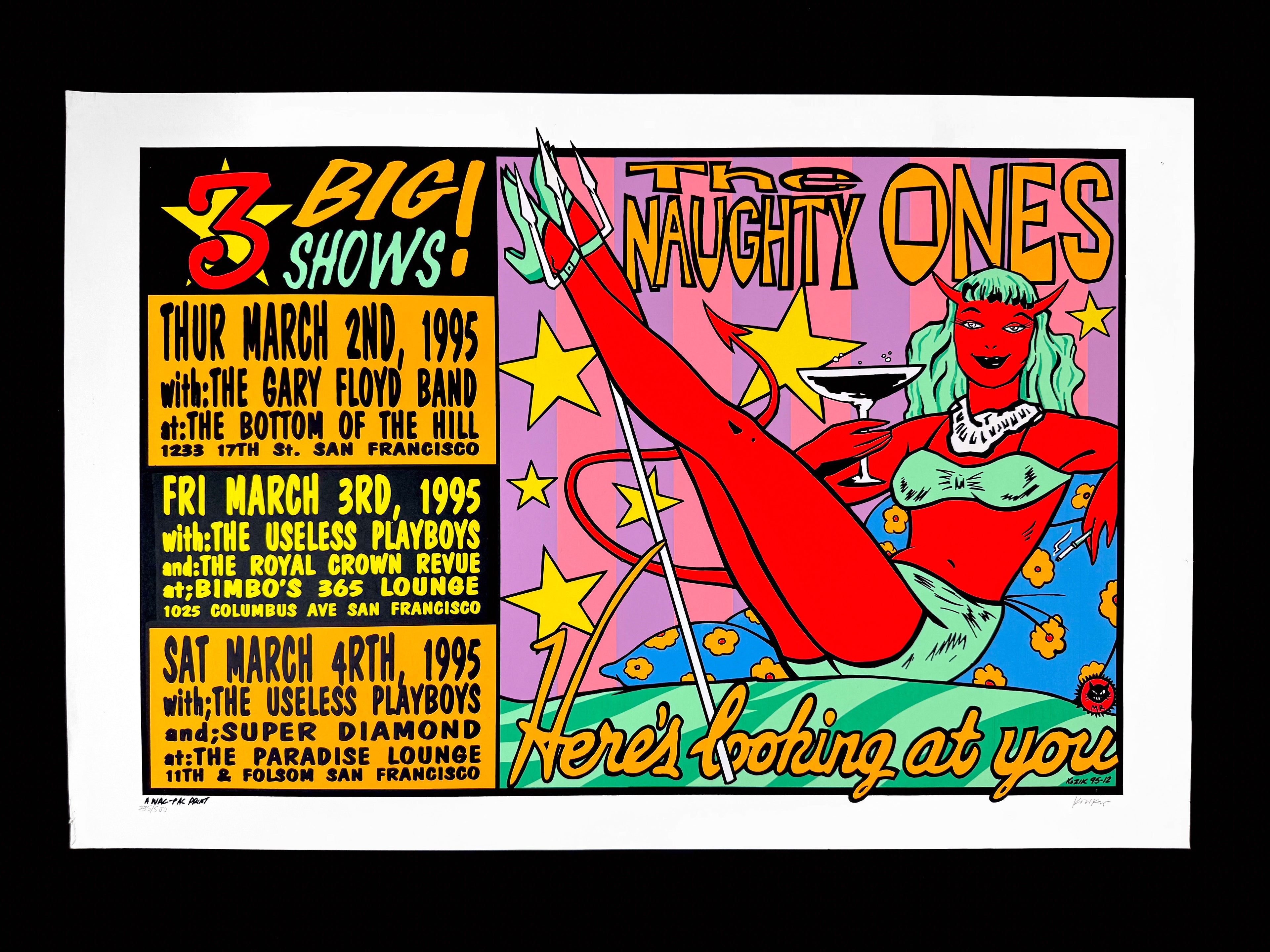 The Naughty Ones / The Gary Floyd Band / The Useless Playboys / The Royal Crown Revue / Super Diamond — Three Big Shows— Frank Kozik, Signed & Numbered Screenprint (1995)