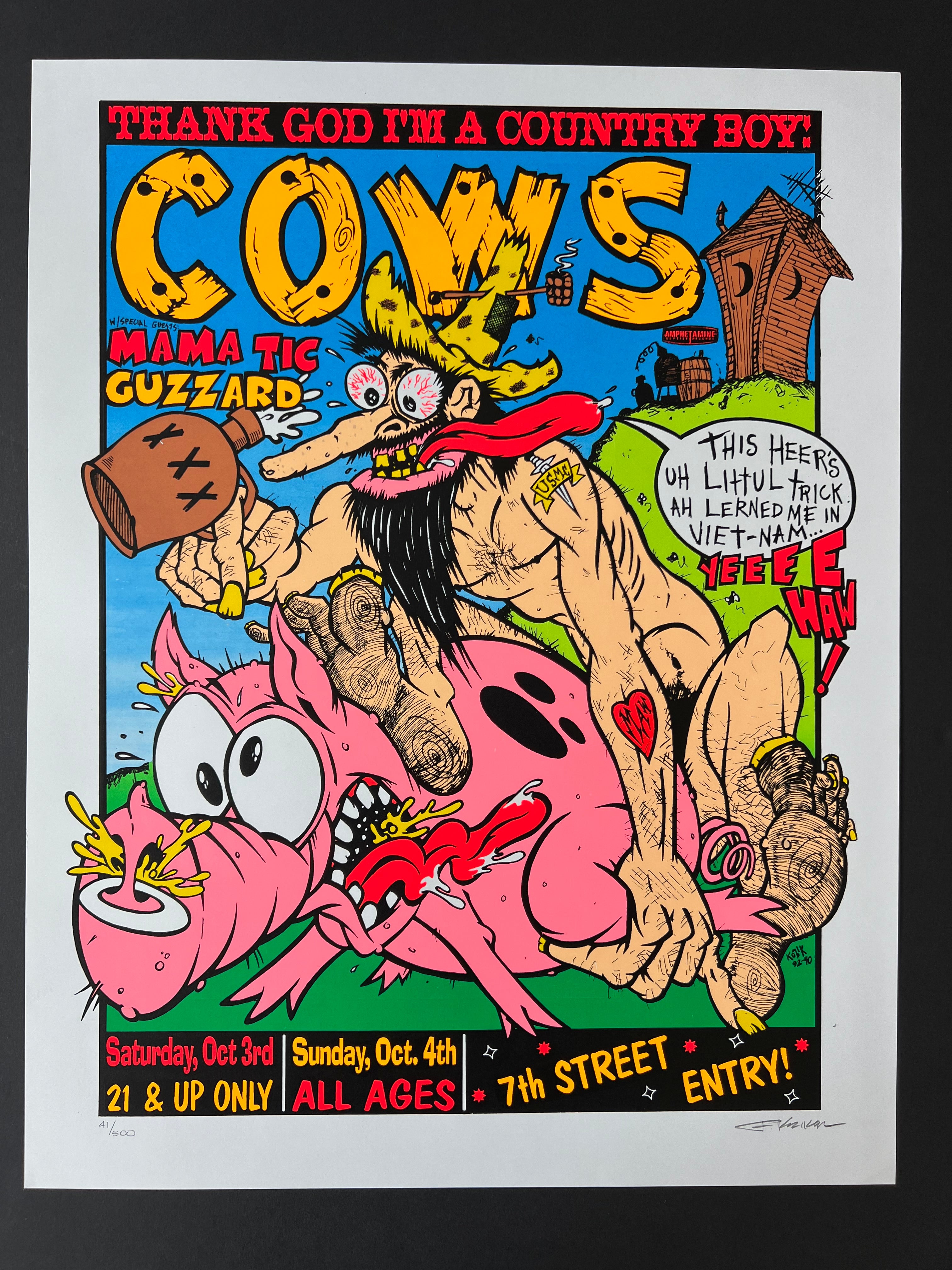 Cows / Mama Tic / Guzzard — Thank God I'm a Country Boy! — Frank Kozik, Screenprint (1992)
